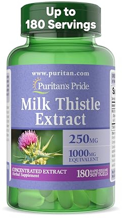 Puritan's Pride Milk Thistle Silymarin 4:1 Concentration Extract 250 mg (1000 mg Equivalent), Dietary Supplement for Traditional Liver Support, 6 Month Supply, 180 Count