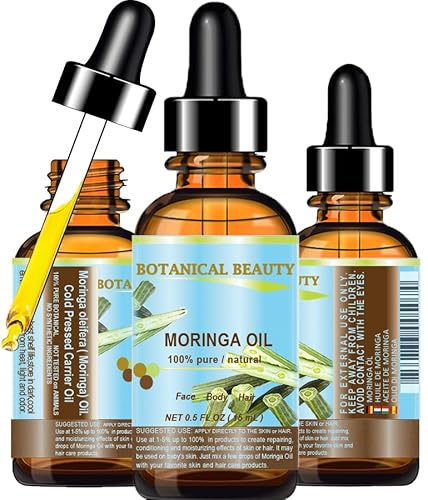 MORINGA OIL . 100% Pure / Natural / Undiluted Cold Pressed Carrier Oil. 0.5 Fl.oz.- 15 ml. For Skin, Hair, Lip and Nail Care. Moringa Oil is a nutrient dense, high in palmitoleic, oleic and linoleic acids, moisturizing fatty acids and vitamins A, C and E.