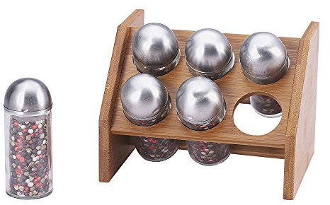 Bergner Renberg Wood Set mit 6 Gewürzstreuern, 18 x 13,5 x 14,5 cm, aus Bambus, Glas und Edelstahl