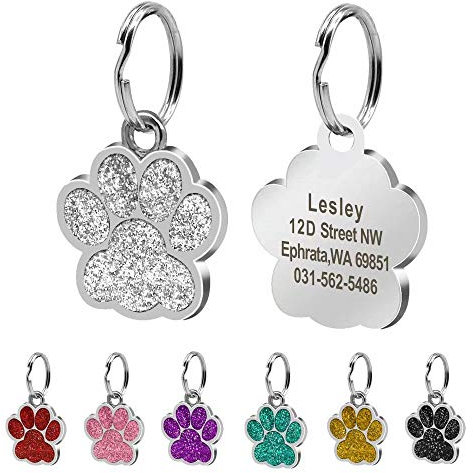 Beirui ID-Tags für Hunde und Katzen, Pfotenabdruckmotiv, personalisierbar mit Laser-Gravur, 24 mm, Edelstahl, Silber, S (0,9 Durchmesser)
