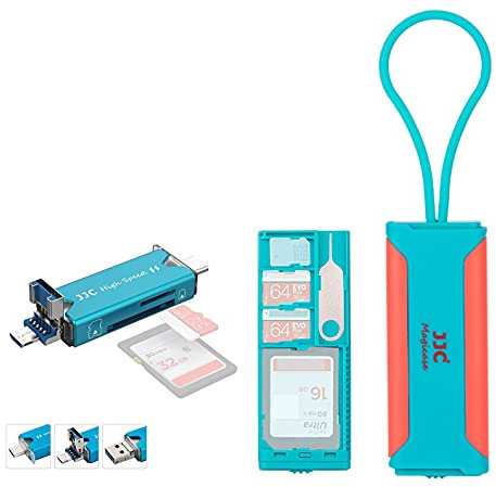 JJC Memory Card Case with USB 3.0 Multi-function Card Reader, Slim Portable Travel Holder Storage for 1 SD + 2 TF + 1 Nano SIM Card (Blue &Pink)