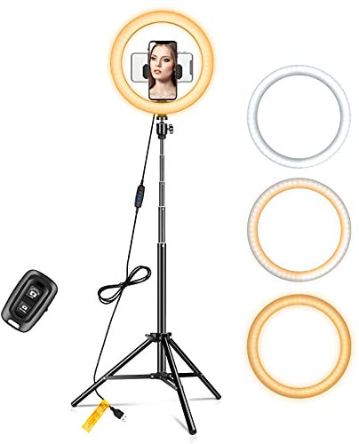 10 LED Ring Light avec Extensible Trépied Haut, Anneau Lumineux Réglable avec 3 Modes d'Eclairage et 10 Niveaux, Lumiere Photo pour Selfie, Photography, Video, Maquillage, Camera Vlog Bluetooth