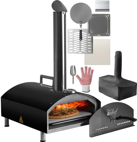 Deco Chef Horno de pizza y barbacoa de pellets de madera de 13 pulgadas, portátil, incluye piedra para pizza, pelar, raspador, cuchara, parrilla ranurada, construido con 3 capas, acero inoxidable,