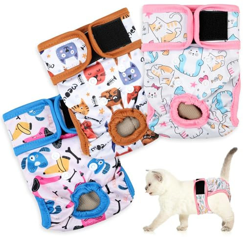 Wiederverwendbare Windeln, 3er-Pack, gute Saugfähigkeit, sichere Passform für weibliche und männliche Katzen, einfach anzuziehen, bezauberndes Design