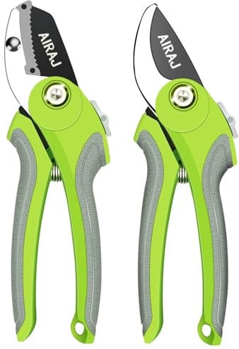 AIRAJ Secateurs Set of 2, Bypass and Anvil Pruning Shears with Rust Proof Stainless Steel Blades, Non-Slip Handle, Garden Scissors -Professional Gardening Hand Tools