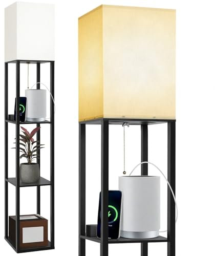 DEANIC Floor Lamp with Shelves, Modern Standard LED Lamps Living Room Bedroom Office, Wooden Tall Standing Lamp Reading Lamp Stand (Black, with USB Charging)