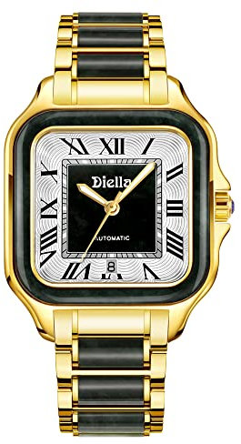 Diella Eckige Uhren Herren, Herren Automatik Uhren Datumsanzeige, Schwarz Grün Jade & Edelstahl Herren Armband Uhren Wasserdicht (Modell: AD6027G)