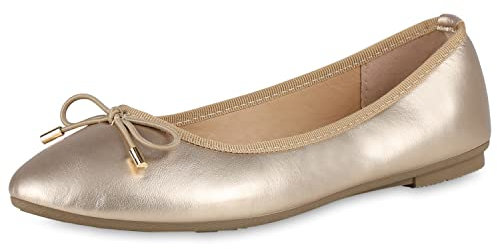 VAN HILL Damen Klassische Ballerinas Flache Kunstleder Schuhe Schleifen Slippers Bequeme Freizeitschuhe Sommerschuhe 203956 Gold 39