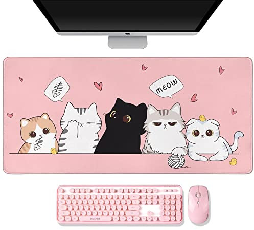 Großes Mauspad Mit Katze - Marmor-Design, 80 x 40 cm, Stabile Gummiunterseite, Genähte Kanten, Wasserdichte Schreibtischunterlage für Arbeit, Spiel, Büro, Zuhause