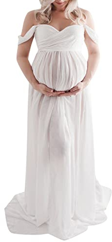 Maternity Dress for Photography Solid Color Off-Shoulder Chiffon Gown Front Split Long Pregnancy Dresses for Photoshoot (White, Large)