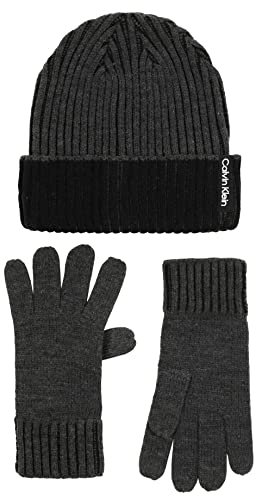 Calvin Klein Herren Fischer-Hut-und Handschuh-Set mit Zwei Breiten Rippenbündchen Beanie, Gunmetal Heather, Einheitsgröße