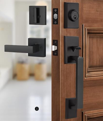 Gaurqiah Exterior Door Handle & Deadbolt Set – Heavy Duty Zinc Alloy Front Door Handleset, Reversible Lever, Easy DIY Installation, Matte Black Finish