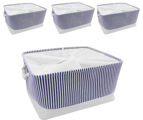 Mangata Collapsible Storage Box, Fabric Storage Basket with Handles | Soft & Durable, for Shelf, Closet, Wardrobe, XX-Large, 50x40x30cm,Blue Stripe, 4 Pack