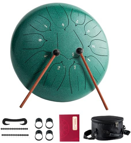 Steel Tongue Drum 11 Notes 10 Inch Hand Drums - D Major Metal Handpan Drums Hand Percussion Musical Instrument with Bag Drum Mallets Music Book for Adults Beginner-Green