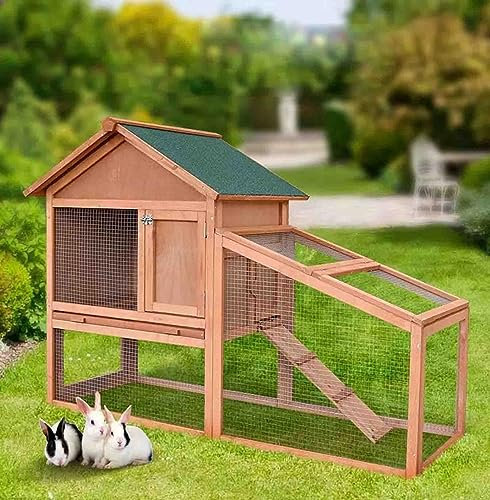 PRUJOY 2-stöckiger Hasenstall aus Holz mit Futtertrog, Auslauffläche, herausnehmbarem Tablett, Rampe und aufklappbarem Dach für den Außenbereich