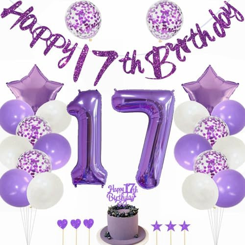 Kiwochy Lila 17 Geburtstag Deko Mädchen - Tortendeko, Luftballons, Nummer 17 Folienballon, Party Dekoration für 17 Jahre