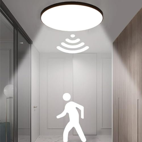 Mengjay Lámpara Techo LED con Sensor de Movimiento,Plafon LED Techo 18W 6000K Blanca Fría,Plafon de Techo Redonda Ultra Delgada con Detector para Pasillos, Porche, Garaje (18W, Negro)