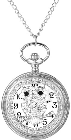Silverora Eule Taschenuhr Vintage Uhren - Damen Herren Analoge Quarz Uhr mit Kette Retro Hohle Skelett Zirkon Strass Eule Ketteuhr Geschenke für Frauen Männer Silber