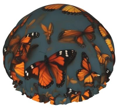 Orange Monarch Butterfly Print Reusable Shower Cap for Women Double Layer Waterproof Quick Dry Bath Cap