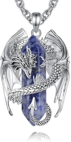 INFUSEU Drachen Kette, Kristall Halskette Nordischer Drache Eingewickelt Zylinder Edelstein Vintage Lazurit Anhänger Heilkristall Gothic Natürlicher Kristallschmuck Geschenk für Männer Frauen
