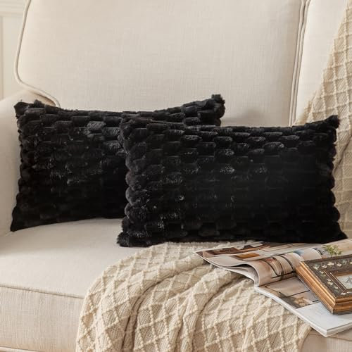 Mandioo 2er Set Schwarz superweichen dekorative Plüsch Kissenbezug Kissenbezüge 30 x 50 cm Wollsamt Dekokissenbezüge Kissenhülle Sofakissen Dekokissen flauschig für Couch Sofa Bett Wohnzimmer