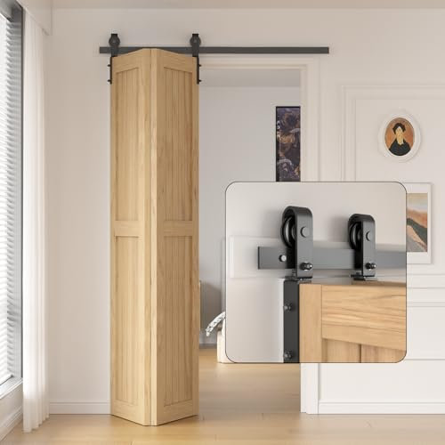 TOIMIOTOIM 24 Bi-Folding Sliding Barn Door Hardware Kit, 2FT Heavy Duty Track Roller Kit for 2 Doors Side Mounted,Smoothly and Quietly,Easy to Install,No Door Panel,Black