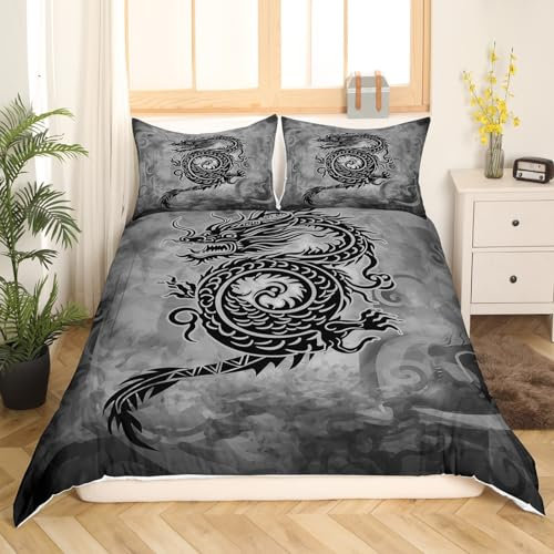 Castle Fairy Drachen-Bettbezug, Vintage-Stil, schwarz-grau, Graffiti-Bettbezug für Mädchen, Teenager, Schlafzimmer, Geschenke, exotischer chinesischer Stil, Wildtier-Bettwäsche-Set, dekorativ mit 2