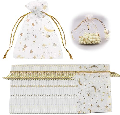 Taasmoog 50 Stück Organza Geschenk Schmuckbeutel, 15 × 20 cm Weiß Organza Beutel mit Kordelzug Organzabeutel Säckchen für Hochzeit Süßigkeiten Party(Sterne und Mond)