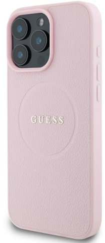 GUESS CG Mobile Phone Case Designed for iPhone 16 Pro Max, Durable, Shockproof, Compatible with Magsafe, PU Grained Gold Ring Case, Pink