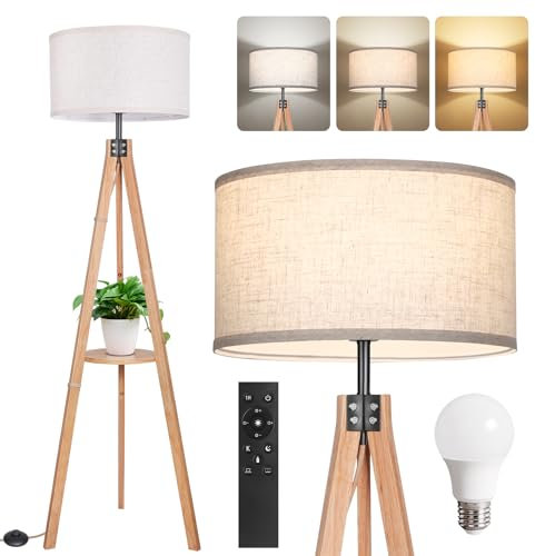 OUTON LED Stehlampe Dimmbar Holz Dreibein mit Regal, Fernbedienung, 4 Farbtemperatur, Floor Lamp Stehlampe mit Leinenschirm und E27 Glühbirne für Wohnzimmer, Schlafzimmer, Büro (Holz)
