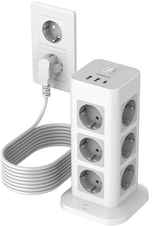 TESSAN Mehrfachsteckdose mit Verlängerungskabel 10M, 12 Fach Steckdosenleiste mit USB C und 2 USB A, Steckerleiste Überspannungsschutz, 3600W Steckdosenturm Verteilersteckdose für Zuhause, Grau