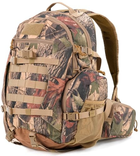MOPHOTO 900D wasserdichter Jagdrucksack für Herren, 35 l, groß, langlebig, mit Bogen-/Gewehrhalter, Camouflage-Jagdrucksack mit Regenschutz und mehreren organisierten Taschen, Waldtarn