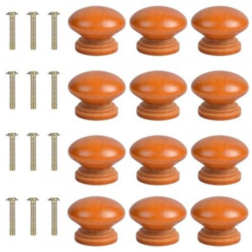 12 Boutons Tiroir Porte en Bois Massif Ronds, Poignée Bouton En Bois Naturel Ronde Champignon pour Cabinet et Placard, Bouton Poignées avec Vis pour une Installation Facile