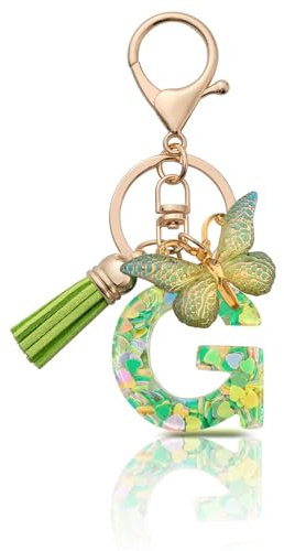 MORSUNBELA Porte-clés avec lettre de l'alphabet - Porte-clés pour fille - Lettre initiale - Papillons - Pour femme, Vert/g., S
