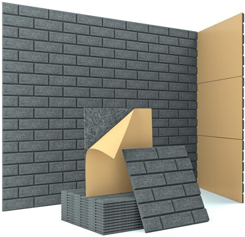Acoustic Panels Self-adhesive, 12 Pcs Brick Sound Absorbing Panels, Recording Studio, Bedroom, Gaming Room, Living Room, Decorative Acoustic Tiles for Walls, Doors 11.8 X 11.8 X 0.4 Dark Grey