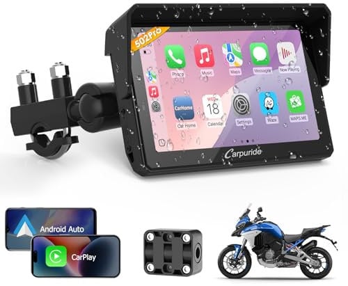 Carpuride W502PRO Motocicleta CarPlay Android Auto Bluetooth Dual Nav GPS Impermeable de 5 pulgs para Motocicleta, Uso Compartido Música, Intercomunicador, Ecualizador, Sensor Luz, Brújula, Barómetro