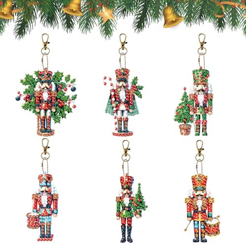 CutitiUU 6 PCS Christmas Nutcracker Double Sided Diamond Painting Keychain,Christmas Diamond Keychain Kits,Nutcracker Diamond Art Accessories 5D DIY Diamond Painting Art Ornament