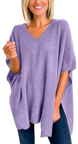 YCBMINGCAN Strickbluse Damen V-Ausschnitt, Streifenstrick, modisch, Poncho, Cape, V-Ausschnitt, lockerer Pullover Wollpullover Damen Oversize Bunt (Purple, XL)
