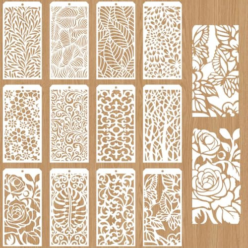 GOMAKERER 12 Stück Dekorative Malvorlagen 12 Stile Blatt Malschablonen Wiederverwendbare Randschablone Blattschablonen Zum Malen Auf Fliesen Wänden Und Böden Scrapbooking Dekor Zeichnen Nachzeichnen
