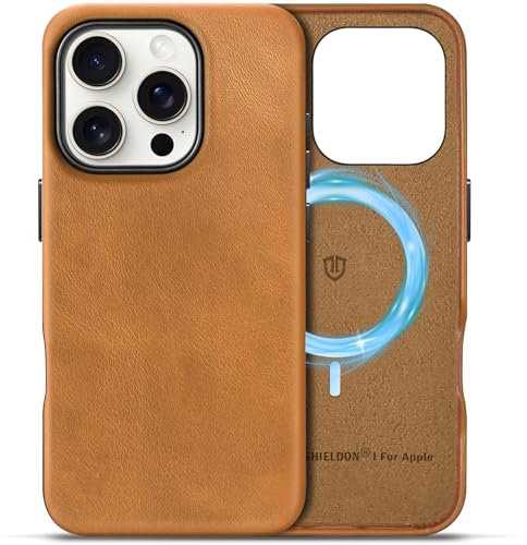 SHIELDON Case for iPhone 16 Pro 5G, Genuine Leather Magnetic Wireless Charging [Anti-Scratch][Non-Slip] Metal Button Protective Slim Phone Cover Compatible with iPhone 16 Pro 2024 - Retro Light Brown