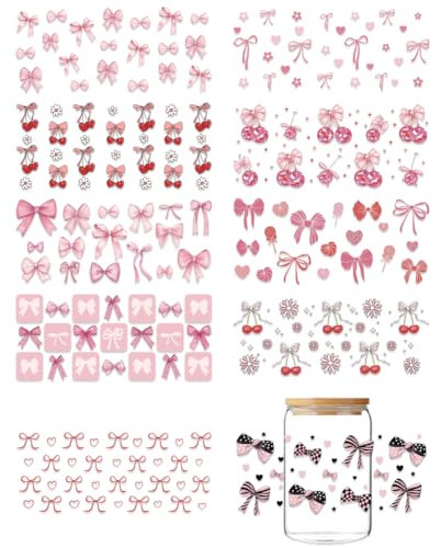 GOMAKERER 10 Blatt UV DTF Cup Wrap Transferaufkleber Abziehbilder Mit Schleifenmuster Rosa Schleife Süße Kirsche Wasserfest Transferdekoration Für Flaschen Getränke Marmelade Kuchenbehälter