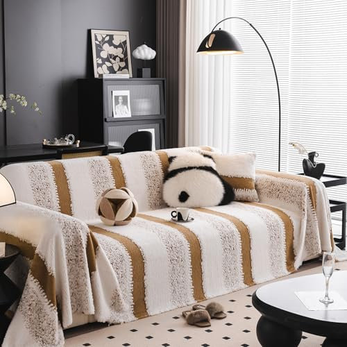 SHANNA Gestreift Samt Sofa Überwurfdecke 1/2/3/4 Sitzer, Einfache Installation Sofaschoner Sofabezug L Form U Ecksofa Große Sofa Überzug, Sofaüberwurf Couch Überzug Sofa Cover Futonbezug mit Quaste