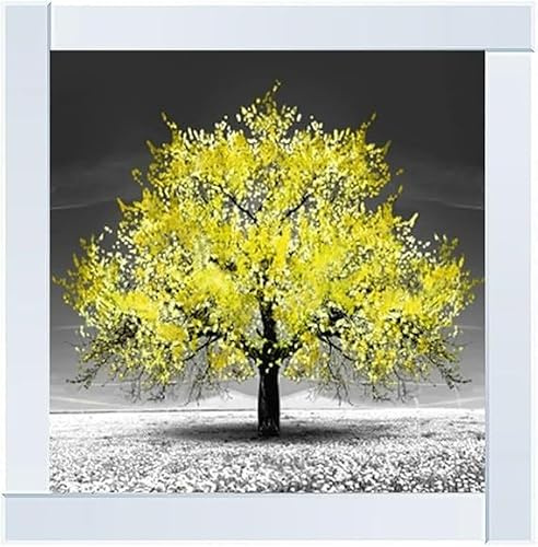Biznest Blossom Tree Picture in Mirrored Frame Glitter 3D Wall Art Picture Glitter Liquid Art Home Decor 55x55Cm (Yellow Tree)
