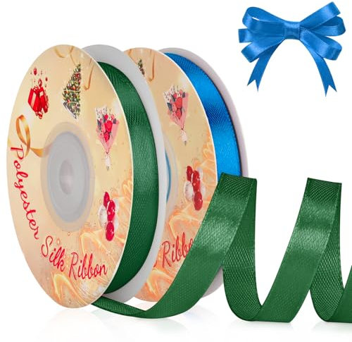 VynyQoo 2 Rouleaux 10mm Ruban Satin Large, Bleu et Vert Emballage Cadeau, 22M Polyester Côté Unique Ruban en Satin, pour Mariage, Nœuds, Ballons, Anniversaire, Décoration de Gâteau