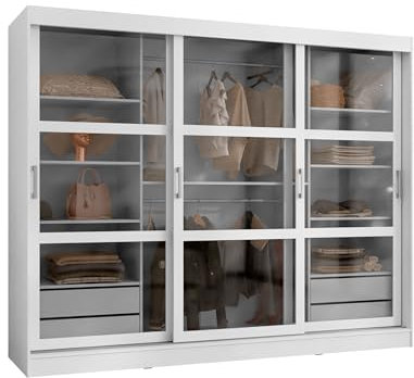 Mirjan24 Kleiderschrank Norlio mit Glastüren und Schubladen, Schwebetürenschrank mit Rauchglas, Schiebetürenschrank mit einlegeböden und Stange, Garderobe (Weiß, ohne Beleuchtung)