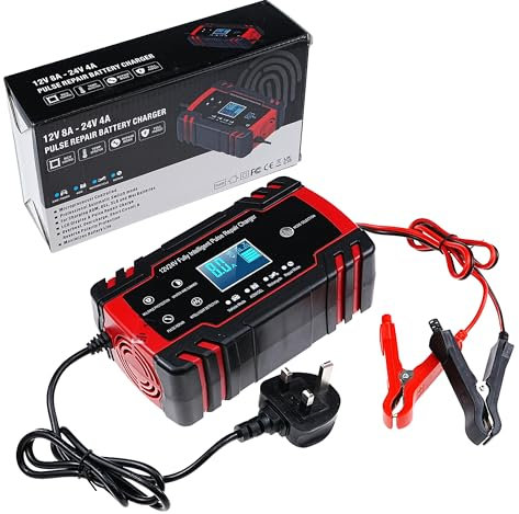 A-DIGISHUO 12V/24V 8A Smart Car Battery Charger – Automatic Trickle Charger, Maintainer & Desulfator for Lead Acid Batteries (Car, Motorcycle, Boat, Lawn Mower, RV, ATV)