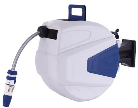 Aurexis Schlauchaufroller mit 20 m Gartenschlauch – 1/2 Zoll Anschluss – Automatischer Aufrollmechanismus – UV-beständig – 180° drehbare Wandhalterung – Gartenschlauchtrommel für Außenbereich