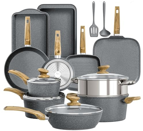 DishDelight Induktions-Kochgeschirr-Set mit Grillplatte 17-teiliges Induktions Töpfe Set Topf und Pfannenset mit Deckel Granit Antihaftbeshichtung Topfset Kochtopf