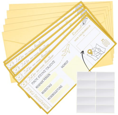 FIDWALL Reisegutschein Set 5er Pack mit Umschlägen und Rubbelstickern, Boarding Pass Karte zum Selbstgestalten, Gutschein für Urlaub, Städtetrip oder Geburtstag