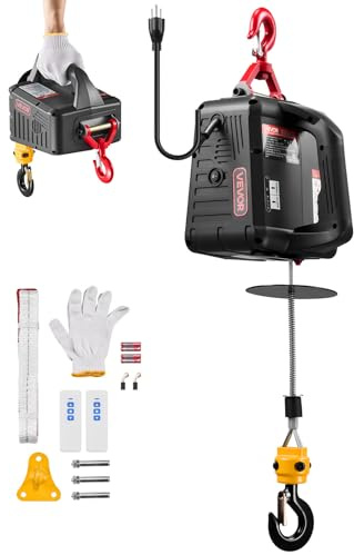 VEVOR Verricello Paranco Elettrico per Sollevamento di Carico, Capacità max. 500 kg, Argano Portatile da 1500 W, Altezza di Sollevamento 7,6 m, Telecomando Manuale e Wireless da Officina Garage